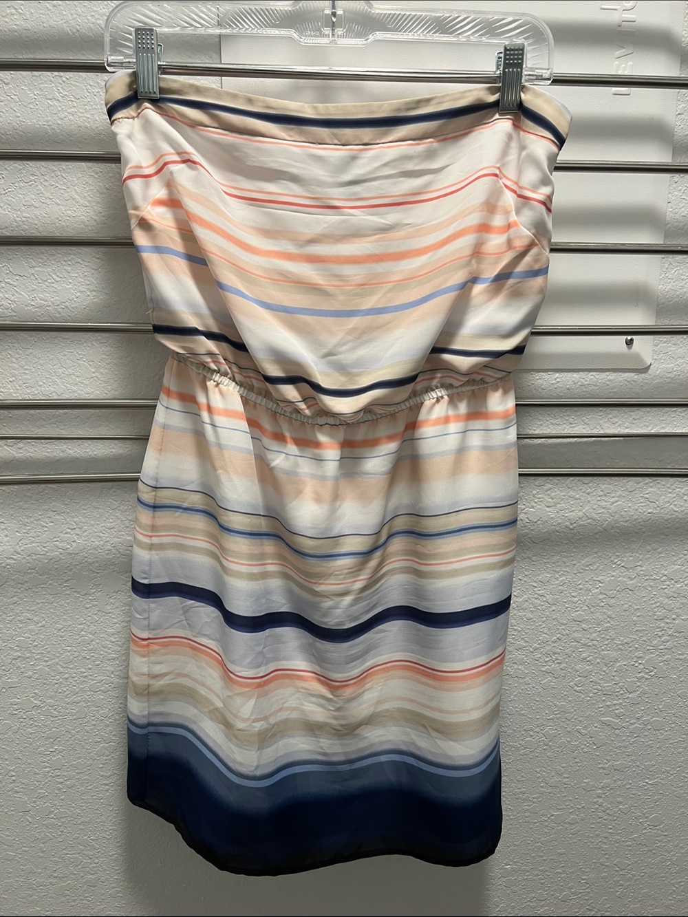 White House Black Market Strapless Stripe Dress in Navy, Peach and Cream
